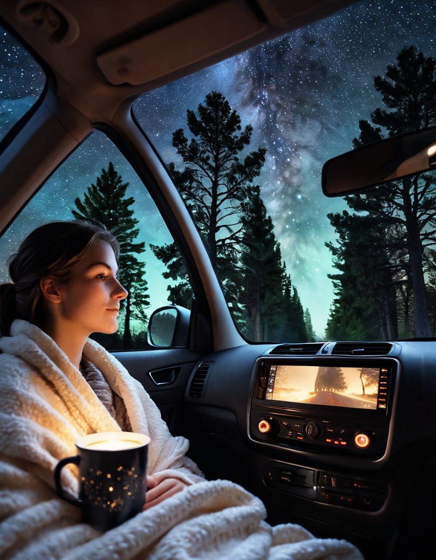 An inviting scene inside a cozy car, featuring plush pillows, a soft blanket, and a starry night sky visible through the windshield. Include a travel mug with steaming coffee and subtle ambient lighting to create a serene atmosphere. In the background, trees and a winding road can be seen, symbolizing the journey. super-realistic. soft colors. cozy ambiance.