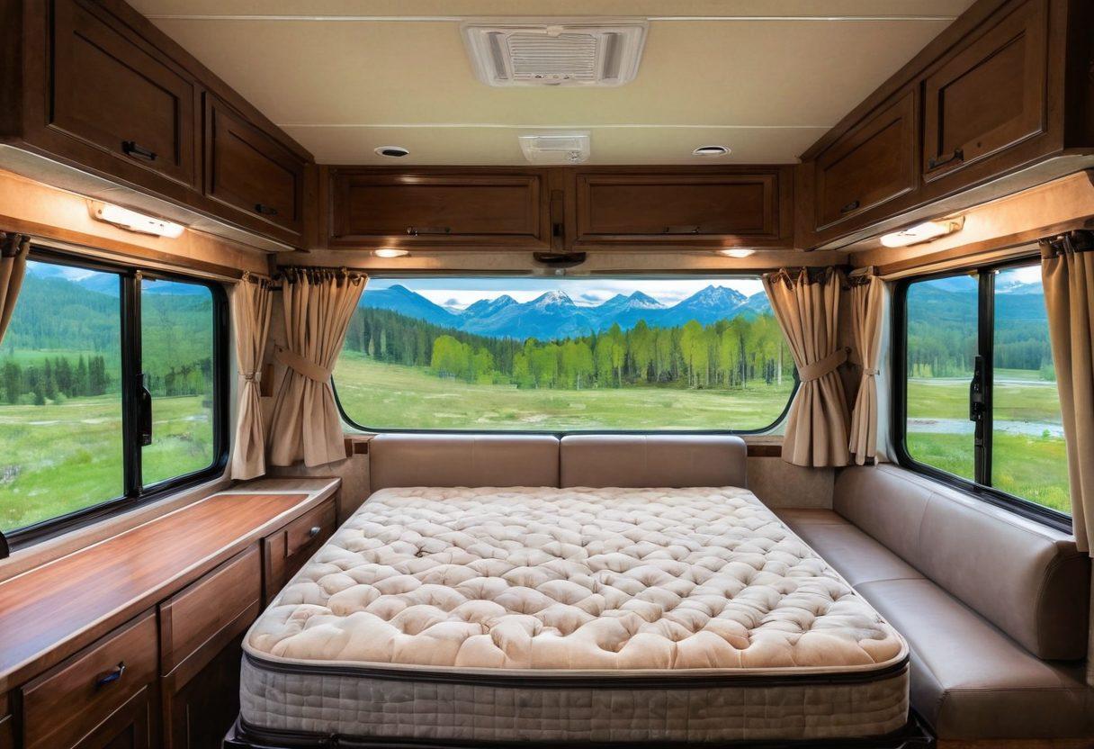 A cozy interior of a recreational vehicle showcasing different types of mattresses, including a memory foam, an air mattress, and a traditional spring mattress. Surround this with soft lighting, comfortable pillows, and a warm blanket. In the background, depict a scenic view through the RV windows, like a serene forest or mountains. The overall ambiance should evoke comfort and adventure. super-realistic. vibrant colors. warm lighting.