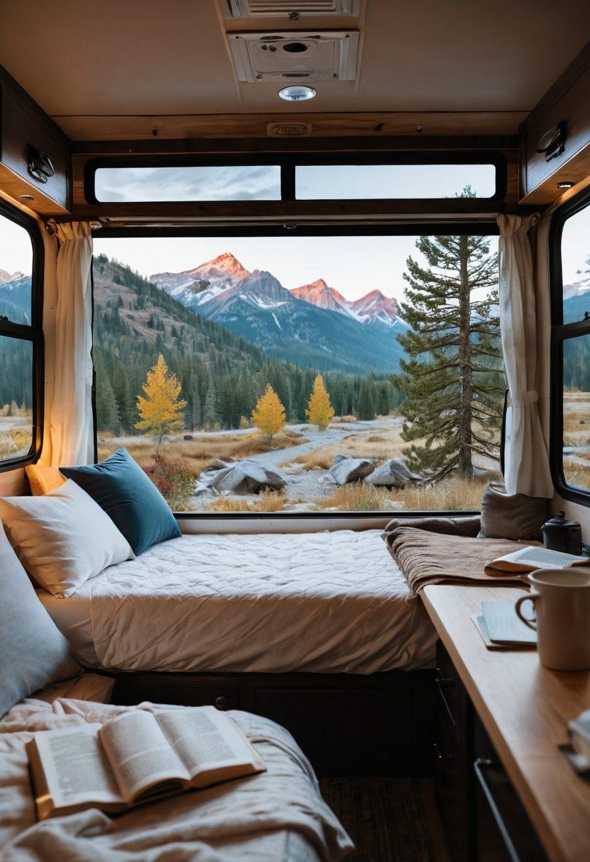 A cozy RV interior with a beautifully made mattress featuring soft linens and pillows, surrounded by warm ambient lighting. Show a scenic view through a window with trees and mountains in the background, and a person relaxing on the bed with a book. Include travel essentials like a map and a coffee mug on a side table to evoke a feeling of comfort while on the road. super-realistic. vibrant colors. warm tones.